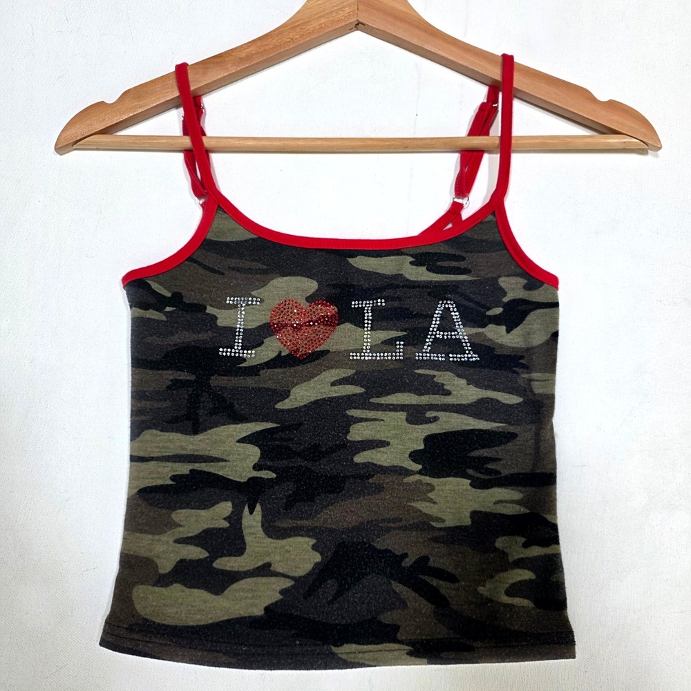 Edikted Cami Tank Top Womens Small Green Camo I Heart LA Rhinestone Y2K Crop